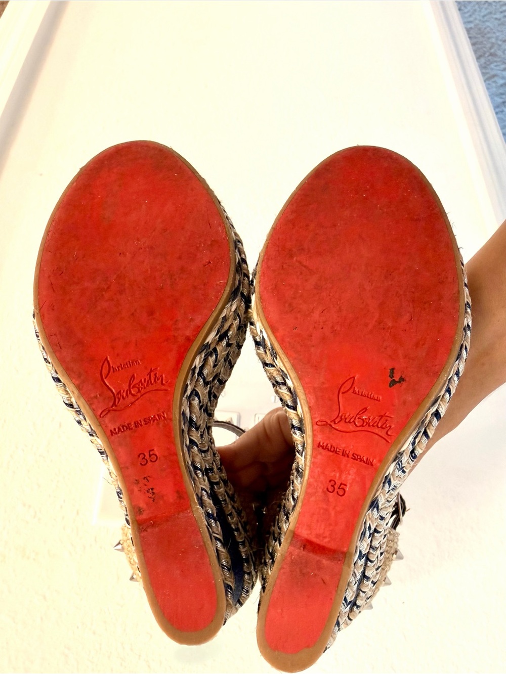 Christian Louboutin Denim & Natural Espadrille Wedge Sandals with Studs - Picture 8 of 9